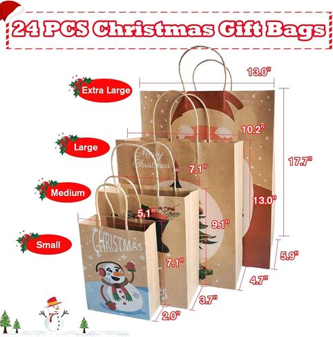 Beliiant 24 Pack Large Christmas Gift Bags With Handles,24 Tissue Papers And 24 Christmas Gift Tags,12 Designs Christmas Bags Bulk Set For Xmas Holiday Party Favor Presents (L:10.2’’x4.7’’x13.0’’) in Saudi Arabia