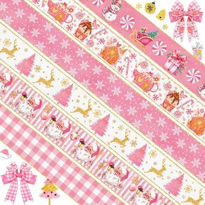 Juexica 6 Rolls 30 Yards Pink Christmas Wired Edge Ribbon Santa Snowman Snowflake Craft Ribbon Decorative Pink Wired Ribbon Christmas Ribbon Wired for Xmas DIY Craft Bow Wreath Gifts Making