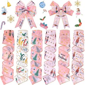 6 Rolls 30 Yards Christmas Wired Ribbon 2 Inch Pink Nutcracker Ribbons Pink Christmas Tree Swirl Burlap Gift Wrapping Ribbons for Xmas Tree DIY Craft Bow Wreath Decor