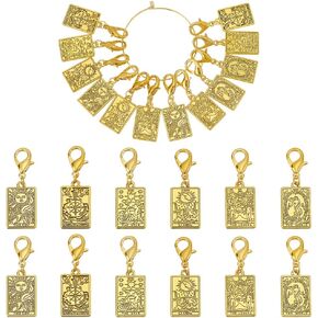HOBBIESAY 12Pcs 6 Styles Rectangle Tarot Card Stitch Markers 40mm Golden Tarot Card Stitch Markers Tarot Card Pendants with Lobster Clasp Sun Moon Crochet Stitch Marker Charms