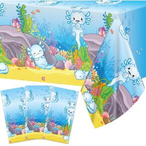 chiazllta 3Pcs Axolotl Party Birthday Decoration Blue Cartoon Axolotl Tablecloth Plastic Reptile Animal Tablecover Waterproof Rectangle Table Cover for Axolotl Baby Shower Party Supplies 108 x 54in