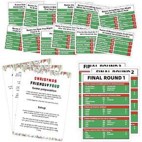 Tuyashua Christmas Friendly Feud Game, Family Game Night, Christmas Trivia, Family Friendly Quiz, Christmas Party Game for Family Activity - 12 Question Cards and 3 Quick Fire Final Rounds Cards (02)