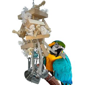 Large Bird Parrot Block Knots Tearing Toys, Natural Dye-Free Wooden Blocks and Knots with Stainless Steel Cup Toys for Large and Extra Large Parrots Macaw African Gray Amazon Cockatoo