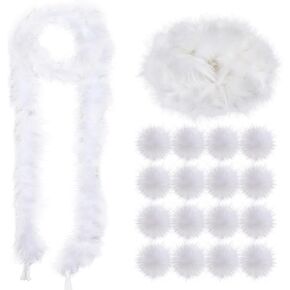 1 Pcs 10.9yd 150g Halloween Chandelle Turkey Feather Boa and 24 Pcs Christmas White Faux Fur Pom Balls Mum Supplies Homecoming White Boa Faux Fur Pom Poms for Hats DIY Home Wedding