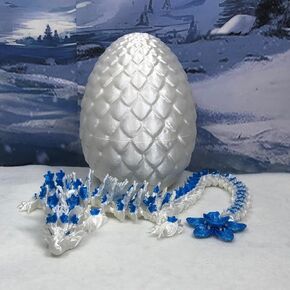 Articulated Dragon with Dragon Egg, 12"" 3D Printed White and Blue Cherry Blossom Dragon, Fidget Toy Executive Desk Toy D017-WB