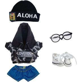 niannyyhouse 10cm Plush Doll Clothes Leopard Print Set Hat Hoodie Jeans Canvas Shoes Glasses Doll Accessories (Black+White)