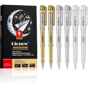 Fine Point Gel Pen,Gold/Silver/White Gel Ink Pens,0.7mm Writing Pens, Coloring Pens,Gelly Pens To Drawing on Black Paper,Gel Pens For Journaling,School Pens - Pack of 6
