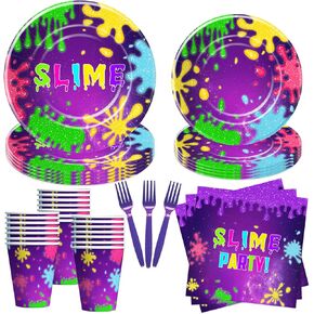 Slime Birthday Plates And Napkins Party Supplies - Slime Party Decorations Tableware, Paper Plate, Cup, Napkin, Fork, Purple Glitter Slime Splatter Splash Theme Table Decorations | Serve 24