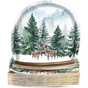 50Pcs Winter Party Plates Winter Forest Tableware Set Party Decorations Christmas Tree Elk Disposable Paper Dessert Plates Crystal Ball Shaped Dinnerware for Xmas Holiday Party Supplies