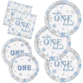 150pcs Winter Onederland Party Supplies Blue Silver Snowflake Plates Napkins 1st Birthday Party Tableware Set for Baby Boy First Winter Onederland Birthday Party Decorations Serve 50 Guests
