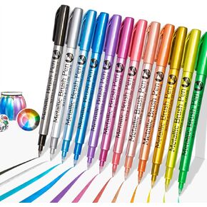 Acrylic Paint Markers, Metal Color Brush Tip Acrylic Paint Pens for Rock Painting, Canvas, Wood, Ceramic, Glass, Stone, Fabric, DIY Crafts & Art Supplies(12 Color/Set)