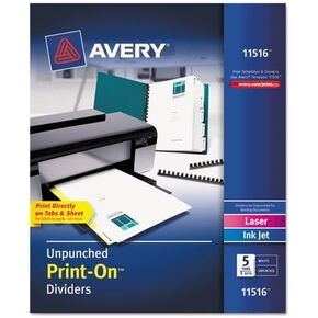 فواصل مطبوعة من Avery 11516، 5 علامات تبويب، غير مثقوبة، 8-1/2 × 11، أبيض، 5 مجموعات/حزمة