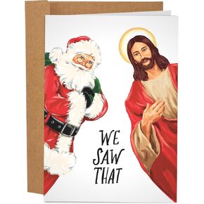 Good Egg Greetings Funny Christmas Greeting Card | Seasons Greetings Holiday Card For Adults | 5 x 7 Inch with Envelope We Saw That Santa Jesus Meme Card