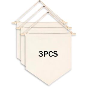3Pcs Blank Wall Canvas Banners - Blank Pennant Flag Banner& Wooden Dowel &Unbound String - Decorative DIY Wall Decor, Interior Decoration, Baby Shower, Wedding, Graduation,Space,Corner, Classroom Decor,Meaningful DIY Gift