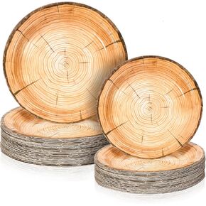 Tioncy 100 Pcs Wood Grain Paper Plates 7" 9" Rustic Wood Slice Plate Farmhouse Round Disposable Dinner Plate for Woodland Baby Shower Lumberjack Birthday Party Supplies(wood Grain, 100 Pieces)
