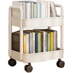 AUNMAS 2 Tiers Plastic Rolling Utility Cart with Wheels, Multi Functional Storage Trolley Mobile Shelf Rolling Storage Cart Organizer for Office Living Room Kitchen, White