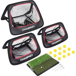 CHAMPKEY Double-Sided Golf Chipping Net with Dual-Turf Mat and 12 Foam Golf Balls - 5 Ply-Knotless Netting Golf Net and Heavy Duty Rubber Backing Hitting Mat Ideal for Training