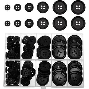 TIESOME 100 Pcs Black Buttons, 5 Sizes Resin Button 4-Hole Round Buttons for Sewing Suit Coats Mixed Buttons with Storage Box Suitable for Sewing DIY and Holiday Decoration