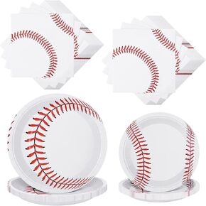 ADXCO Baseball Party Supplies, 80 Pieces Incl 32 Plates & 48 Napkins, 13 x 13 Inch, Red and White, for Baseball Theme Party or Birthday