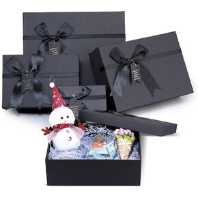 Frantis Black Nested Gift Boxes With Lids, Assorted Sizes (Set of 4 With Ribbon Bows and Label) Black Gift Boxes for Present, Luxury Gift Boxes for Anniversaries, Birthdays, Weddings,Valentines, Graduation, Etc.