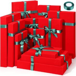 Humyoun 12 Pcs Christmas Velvet Shirt Boxes with Lids Bulk Square Gift Box with 1 Roll Ribbon for Wrapping Clothes Xmas Holiday Present, 3 Assorted Sizes(Red)