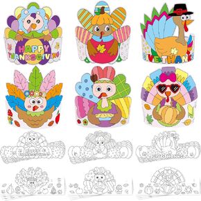 24 Pcs Thanksgiving Crafts for Kids Coloring Turkey Hats Crowns Headbands Thanksgiving Activities for Kids Family Classroom VBS Fall Party Supplies