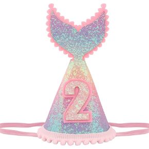 5 years old Mermaid Tail Birthday Hat for Baby Girl Pink Sparkle Sequined Mermaid Tail Headband Princess Birthday Party Supplies