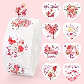 1000Pcs Watercolor Valentine's Day Stickers Pink Heart Shape Roll of Sticker Bulk Paper Decals 8 Designs Adhesive Decorative Sticker for Anniversary Journal Envelope Decor Party Supplies