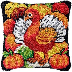 Beginner Latch Hook Kits Pillow Cover Set Turkey & Pumpkin Sofa Cushion Latch Hooking Handmade Cushion Rug Acrylic Yarn Printed Canva Pillowcase Craft Kits Set 17 x 17 Inch