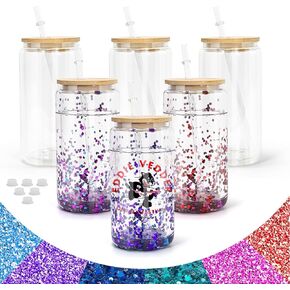 AGH Sublimation Snow Globe Glass Can Blanks 16 oz 6 Pack Sublimation Double Wall Glass Tumbler with Bamboo Lids and Straws Pre-drilled Cups for Snow Globe glitter Clear