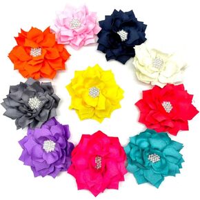 10PC Beige 3Inch Chiffon Rhinestone Flat-Back Ruffled Fabric Flower for DIY Handmade Making Headbands Hairpin Flower Crafts Party Wedding Decoration
