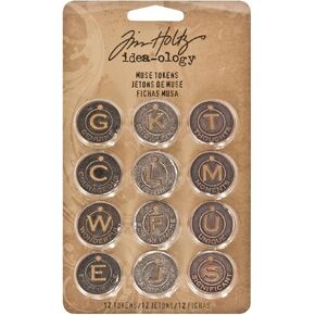 Tim Holtz Idea-ology Metal Muse Tokens 12 per Pack, 7/8 Inch Tokens, Antique Finishes, TH92676