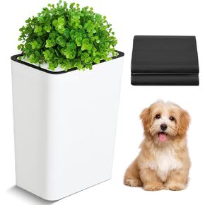 Dog Poop Trash Can Outside 3.96 Gal Plant Styled Dog Waste Trash Can with Lid 50 Pcs Plastic Waste Bags Dog Poop Container Outdoor Indoor Slim Garbage Can for Bedroom Yard Garden(White)