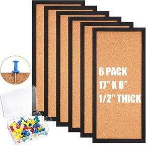 Thyle 6 Pcs Cork Boards for Walls Cork Board Tiles 1/2'' Thick Cork Bulletin Board Rectangle Self Adhesive Framed Cork Board Wall Decor with 16 Push Pins for Office Home
