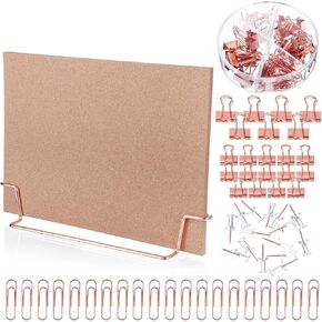 12.6 x 9 Inch Small Desktop Cork Board with Stand Rose Gold Bulletin Board Memo Message Board Picture Double Sided Pin Board for Office School Home with Binder Clips, Push Pins, Paperclips