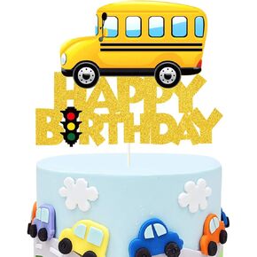 Glitter School Bus Cake Topper Happy Birthday Theme Cake Decor, Child Boys Girls School Themed Party Supplies