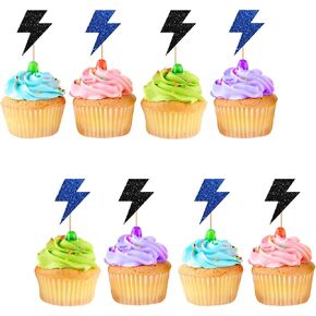 24pcs Lightning Cupcake Toppers, Lightning Bolt Cupcake Toppers, Pink Glitter Weather Cake Decoration for Baby Shower, Lightning Weather Themed Birthday Party Supplies