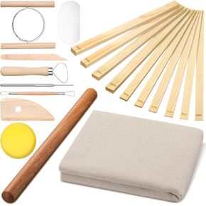 Baderke 20 Pcs Pottery Teaching Set, includes 1 Wooden Rolling Pin, 1 Pottery Special Linen, 10 Pottery Teaching Rolling Mud Stick Guide, 8 Pottery Clay Sculpting Tools for Ceramic Clay Making