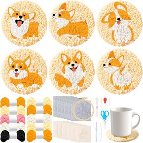 WATINC Dogs Punch Needle Coaster Kit - 22Pcs Easy Art Work Decor Craft Supply for Beginners, DIY Set of 6 Puppy Pets Pattern Tufted Rug Pads with Adhesive Felt Yarns Embroidery Hoop Tools Instruction