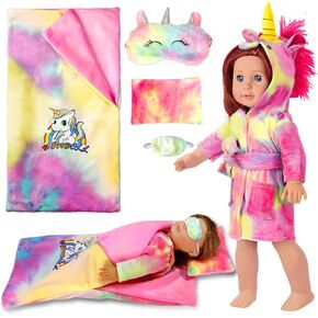 18-inch Doll Clothes and Doll Sleeping Bag Set with Matching Sleepover Masks & Pillow