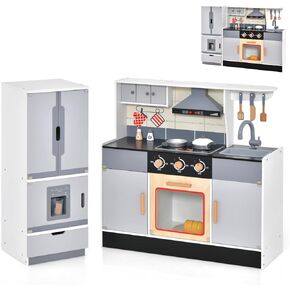 HONEY JOY Kids Kitchen Playset, 2-Piece Modular Wooden Corner Toy Kitchen Set/Washing Machine & Sink, Coffee Maker, Range Hood & Stove, Stool, Little Chef Pretend Play Kitchen for Toddlers, Natural