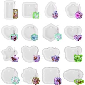 16Pcs Variety Geometric Resin Keychain Molds Silicone Molds with Hanging Hole UV Resin Mold Keychain Molds for Epoxy Resin Small Earrings Resin Molds for Keychain Charm Pendant Earrings Jewelry Making