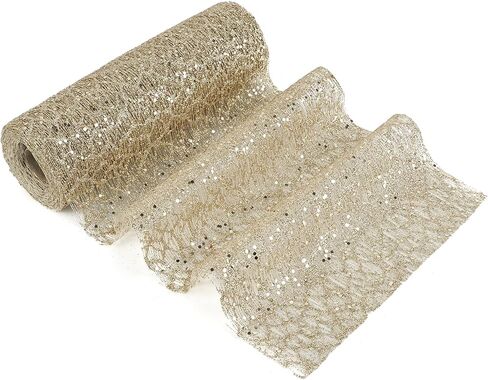 MEEDEE 6 Inch Wide Wired Ribbon Champagne Gold Glitter Mesh Web Wired Edge Ribbon by 10 Yards Roll Champagne Mesh Wired Ribbon for Christmas Tree, Garland, Wreaths, Bows, Centerpiece, Gift Wrapping in Saudi Arabia