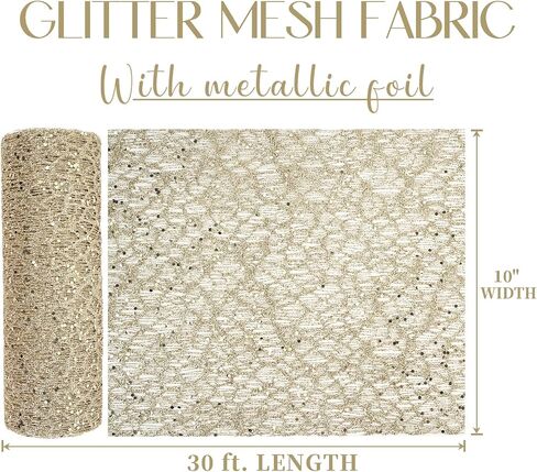 MEEDEE 6 Inch Wide Wired Ribbon Champagne Gold Glitter Mesh Web Wired Edge Ribbon by 10 Yards Roll Champagne Mesh Wired Ribbon for Christmas Tree, Garland, Wreaths, Bows, Centerpiece, Gift Wrapping in Saudi Arabia