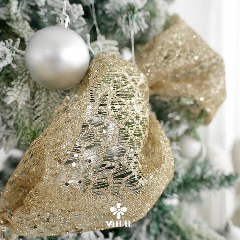 MEEDEE 6 Inch Wide Wired Ribbon Champagne Gold Glitter Mesh Web Wired Edge Ribbon by 10 Yards Roll Champagne Mesh Wired Ribbon for Christmas Tree, Garland, Wreaths, Bows, Centerpiece, Gift Wrapping in Saudi Arabia