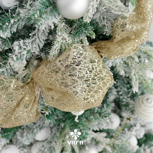 MEEDEE 6 Inch Wide Wired Ribbon Champagne Gold Glitter Mesh Web Wired Edge Ribbon by 10 Yards Roll Champagne Mesh Wired Ribbon for Christmas Tree, Garland, Wreaths, Bows, Centerpiece, Gift Wrapping in Saudi Arabia