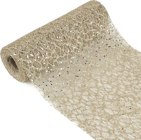 MEEDEE 6 Inch Wide Wired Ribbon Champagne Gold Glitter Mesh Web Wired Edge Ribbon by 10 Yards Roll Champagne Mesh Wired Ribbon for Christmas Tree, Garland, Wreaths, Bows, Centerpiece, Gift Wrapping in Saudi Arabia