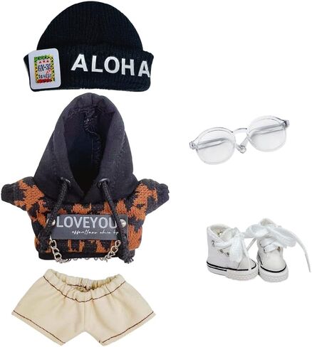 niannyyhouse 10cm Plush Doll Clothes Leopard Print Set Hat Hoodie Jeans Canvas Shoes Glasses Doll Accessories (Black+White) in Saudi Arabia