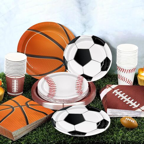 Sports Birthday Party Decorations 150pcs Sports Party Plates Napkins Baseball Football Soccer Basketball Rugby Disposable Paper Plates Napkins Cup for Boy Birthday Party Supplies Sever 30 Guests in Saudi Arabia