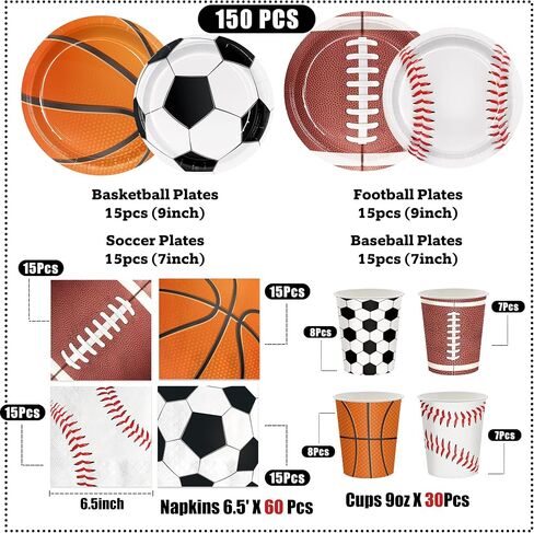 Sports Birthday Party Decorations 150pcs Sports Party Plates Napkins Baseball Football Soccer Basketball Rugby Disposable Paper Plates Napkins Cup for Boy Birthday Party Supplies Sever 30 Guests in Saudi Arabia